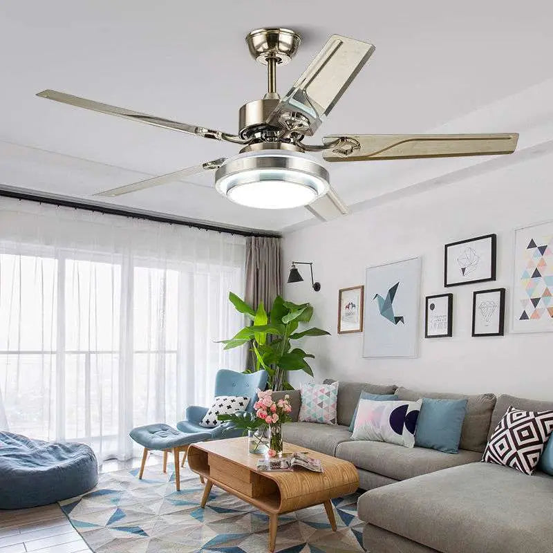 Modern home dining ceiling fan light with five metallic blades and a circular fixture for dining room ceiling use