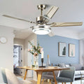 Modern home dining ceiling fan light with five sleek metallic blades and central circular light for dining room ceiling use