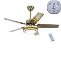 Brass-finished modern home dining ceiling fan light with four sleek blades and integrated circular light for dining room ceilings