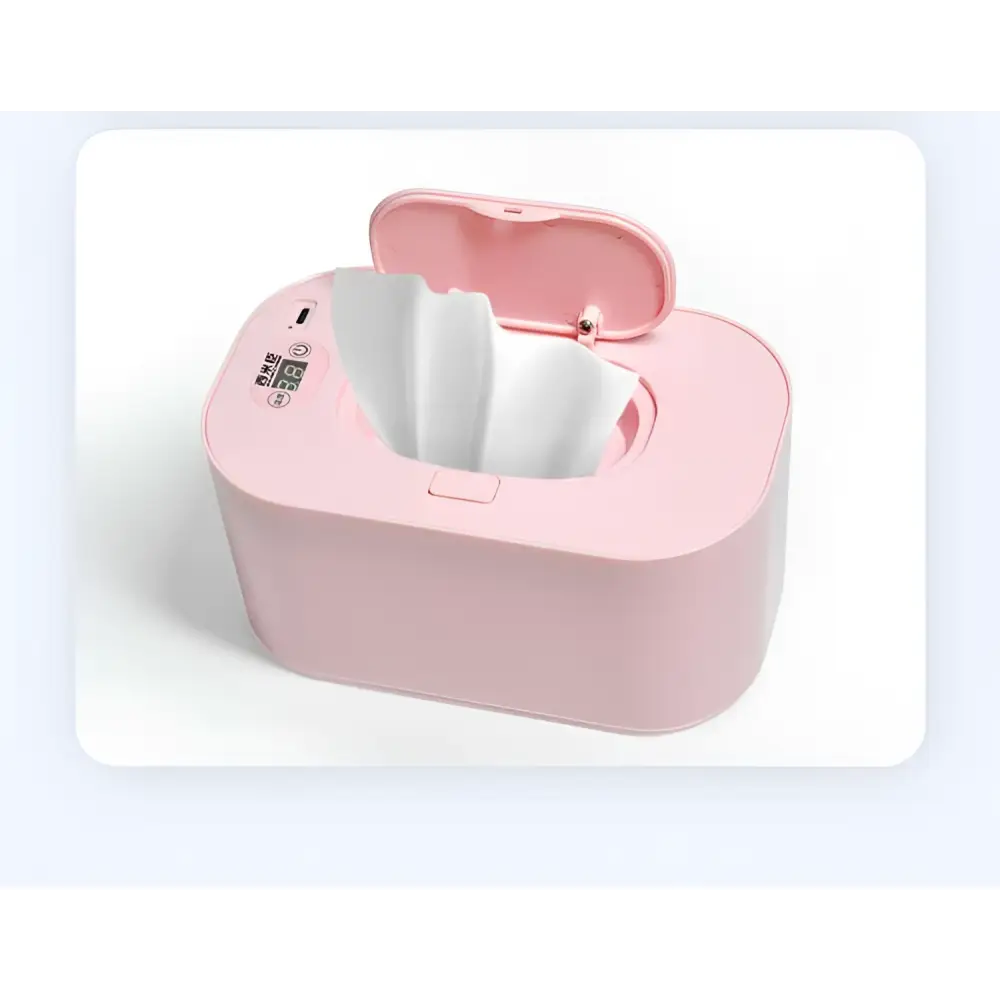 Pink electric baby wet wipes heater with digital display and open lid showing white wipes inside for modern households