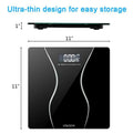 Modern household electronic scale with black glass surface and silver curved accents featuring ultra-thin design