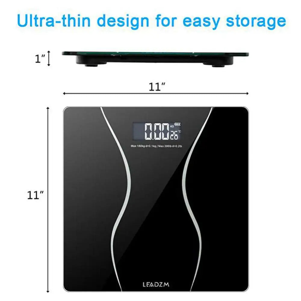 Modern household electronic scale with black glass surface and silver curved accents featuring ultra-thin design