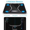 Modern household electronic scale with black glass surface and four blue sensors designed by scale wholesale manufacturer