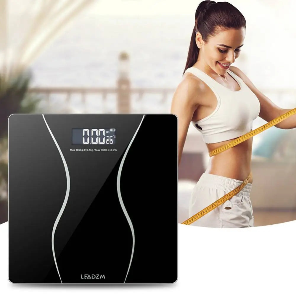 Modern household electronic scale with black glass surface and white curved accents from scale wholesale manufacturer