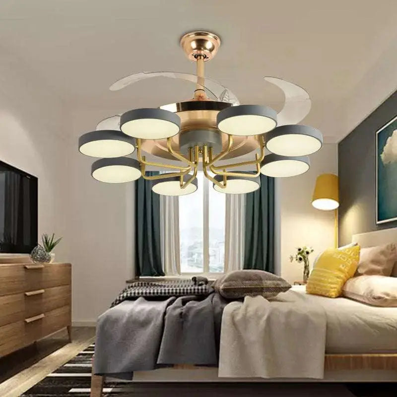 Modern Nordic stealth ceiling fan with integrated LED lights, brass-finished hub, and eight gray lamp shades in radial design
