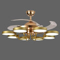 Modern nordic stealth ceiling fan in gold tone with integrated led lights and transparent blades for stylish airflow