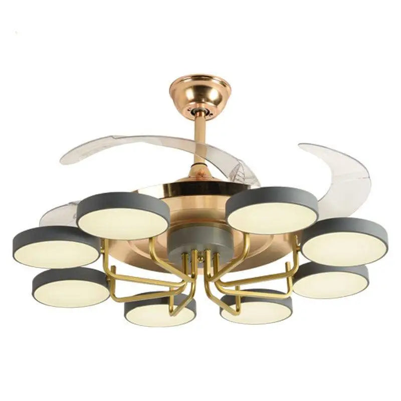 Modern Nordic stealth ceiling fan with integrated LED lights featuring brushed gold hub and matte black circular rims