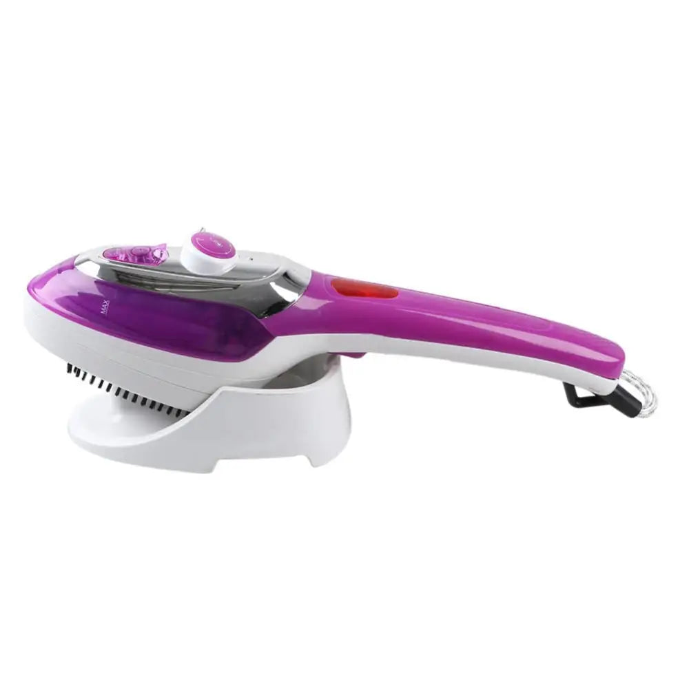 Modern purple and white handheld steam ironing machine with sleek design and chrome accent on control panel