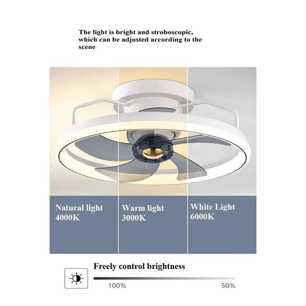 White modern simple fashion living room ceiling fan with integrated led lighting and adjustable color temperature settings