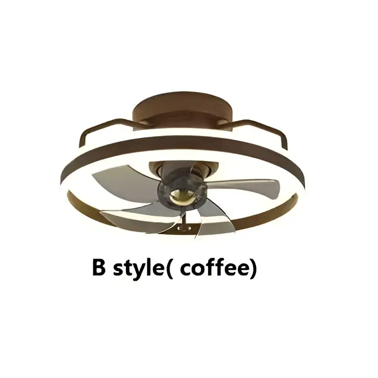 Modern simple fashion living room coffee-colored ceiling fan with metallic blades and integrated led lighting