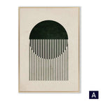 Modern vintage black poster abstract wall art with minimalist dark green circular slats framed in sleek gold