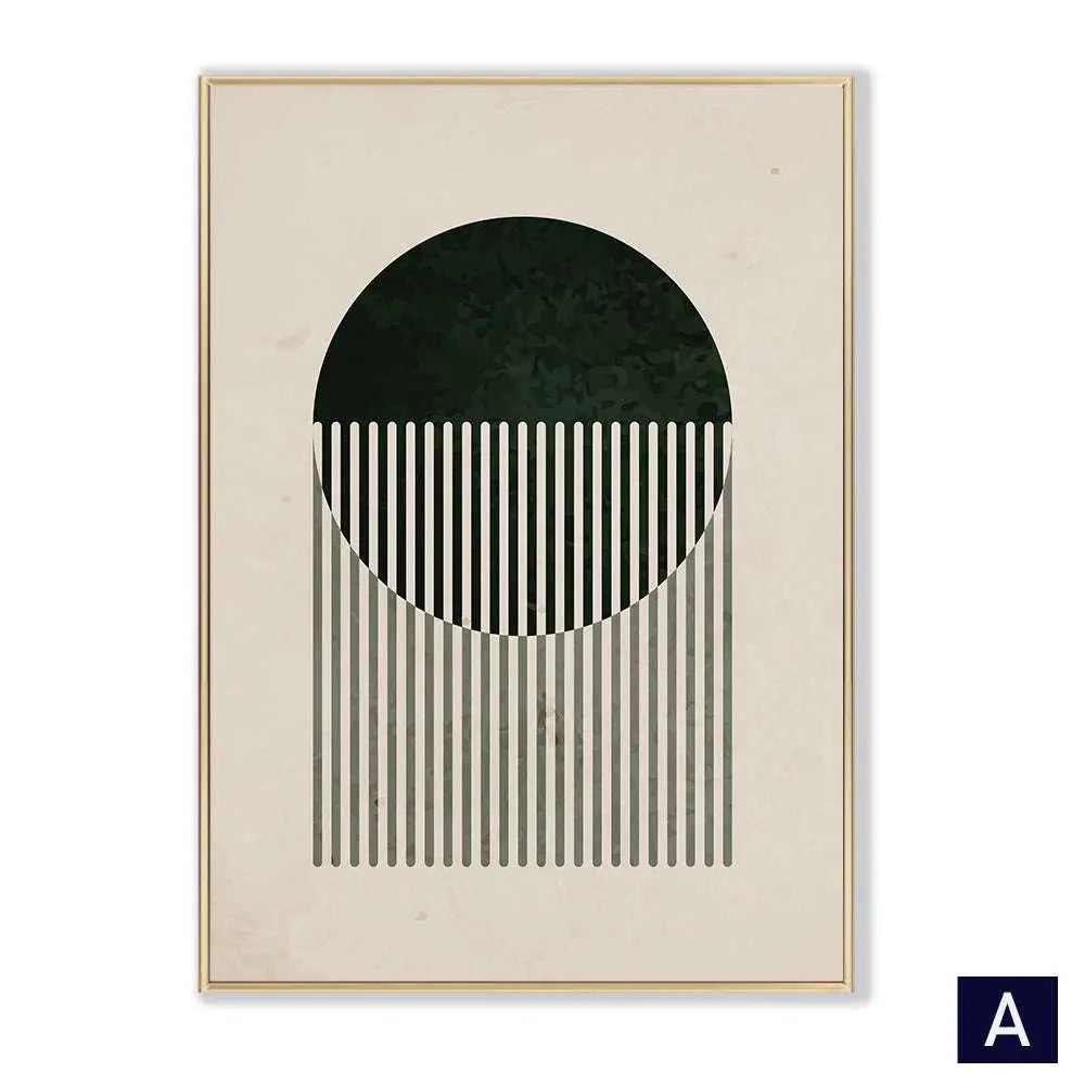 Modern vintage black poster abstract wall art with minimalist dark green circular slats framed in sleek gold