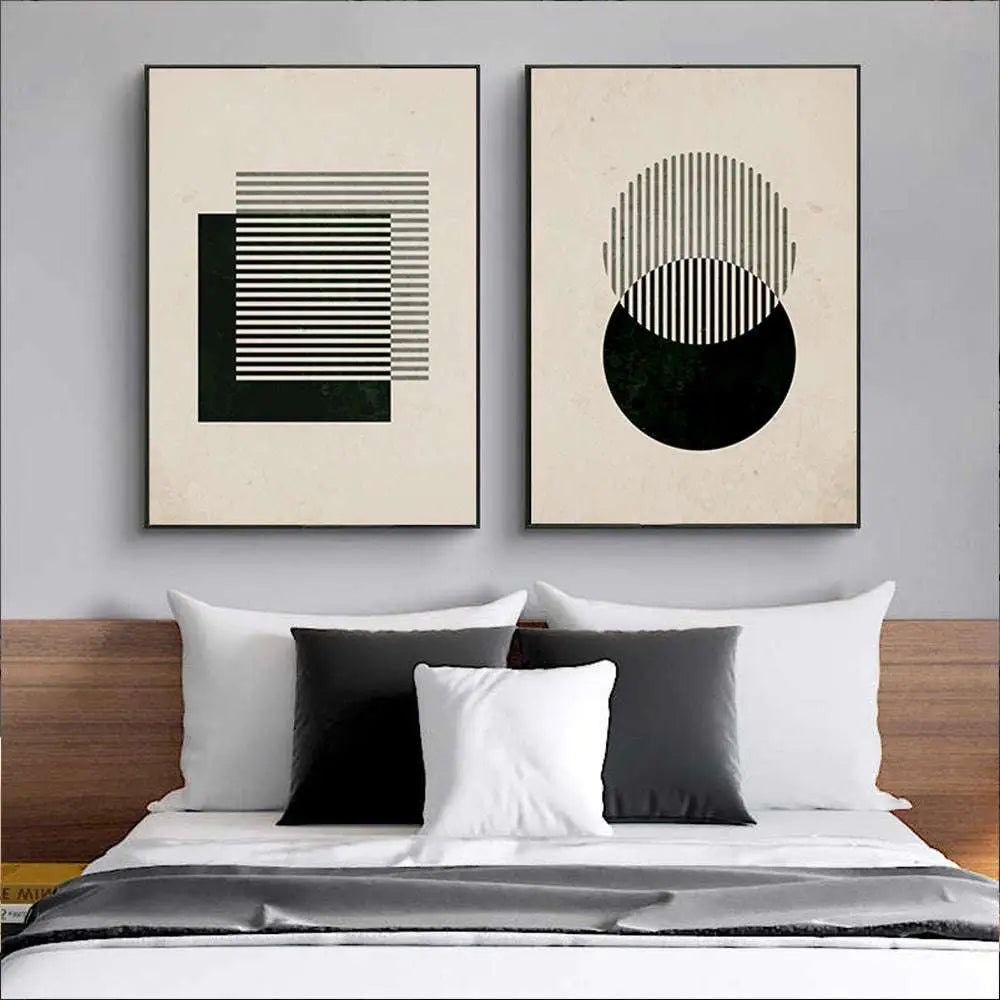 Two framed modern vintage black poster abstract prints with minimalist geometric designs in black white and beige tones