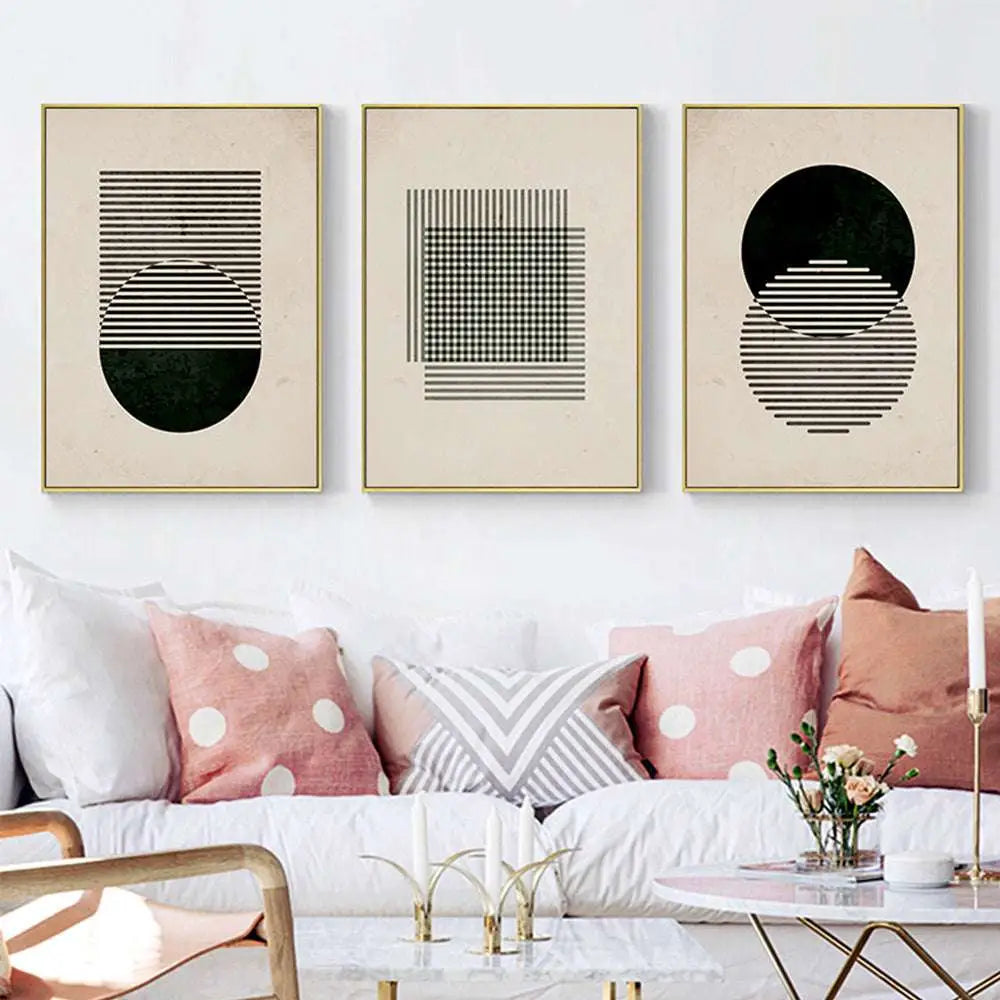 Two minimalist abstract art prints featuring black poster abstract geometric designs in modern vintage black thin frames