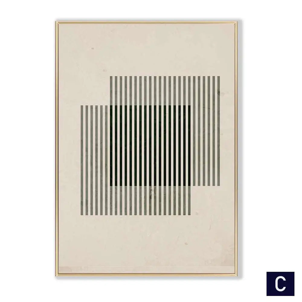 Modern vintage black framed wall art featuring minimalist abstract black poster stripes on off-white background