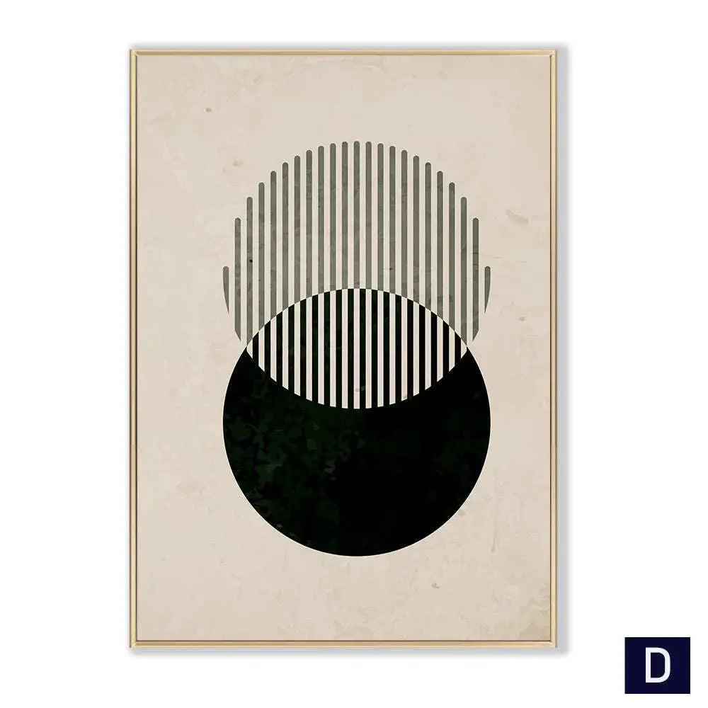 Modern vintage black framed wall art featuring a minimalist abstract black poster with a gold frame and vertical stripes