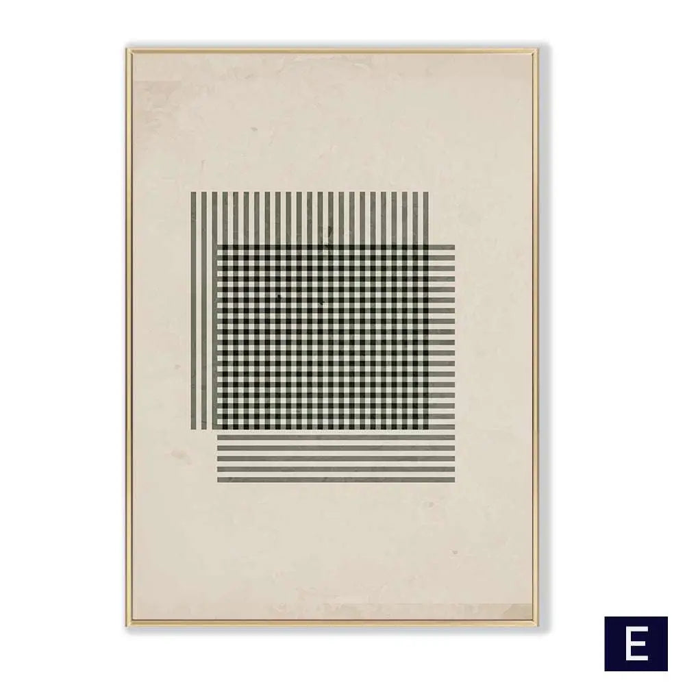 Modern vintage black framed wall art featuring minimalist abstract black poster abstract with checkered and gray lines