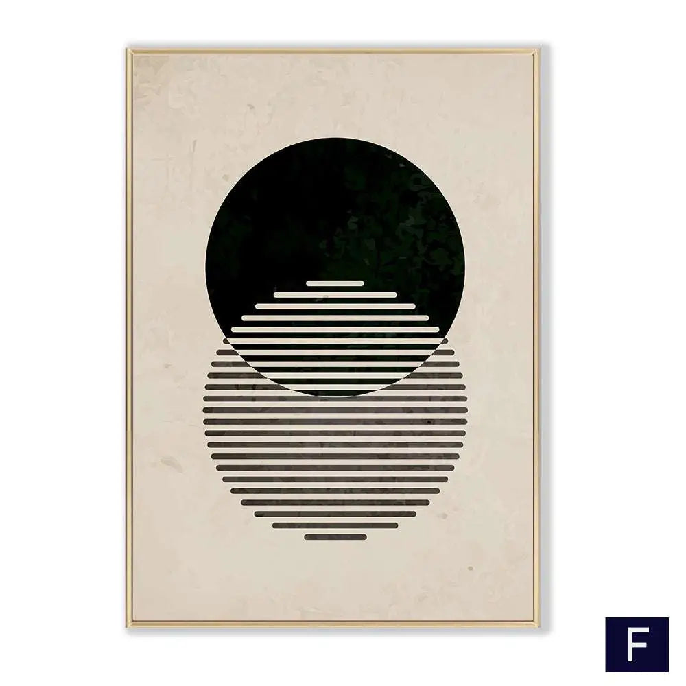 Modern vintage black framed wall art featuring a minimalist abstract black poster with bold circle and gold-toned frame