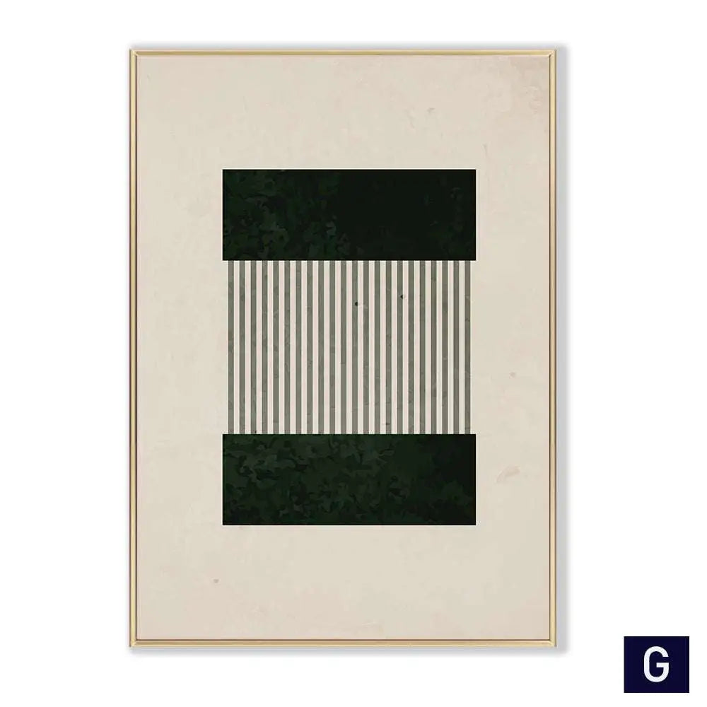 Modern vintage black poster abstract framed wall art with gray striped band and dark green rectangles in gold metal frame