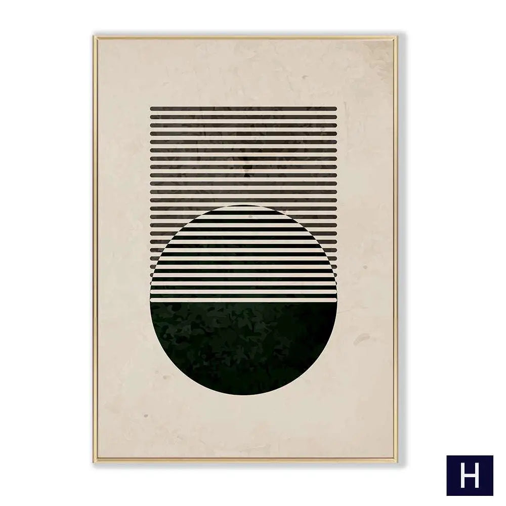 Modern vintage black framed wall art featuring a bold black poster abstract circle with horizontal stripes on off-white textured background