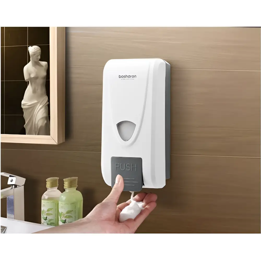 White and gray bosharon wall mounted foam soap dispenser with a sleek modern design for efficient handwashing