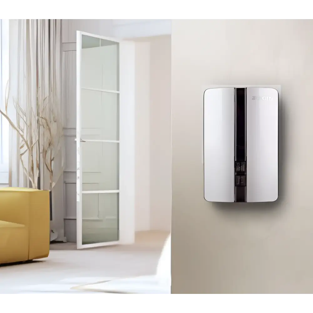 A modern white and silver wireless door bell with a sleek wireless charging pad featuring a blue lightning bolt emblem