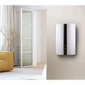 Modern white and silver wireless door bell with sleek design and black vertical accent strip for easy installation