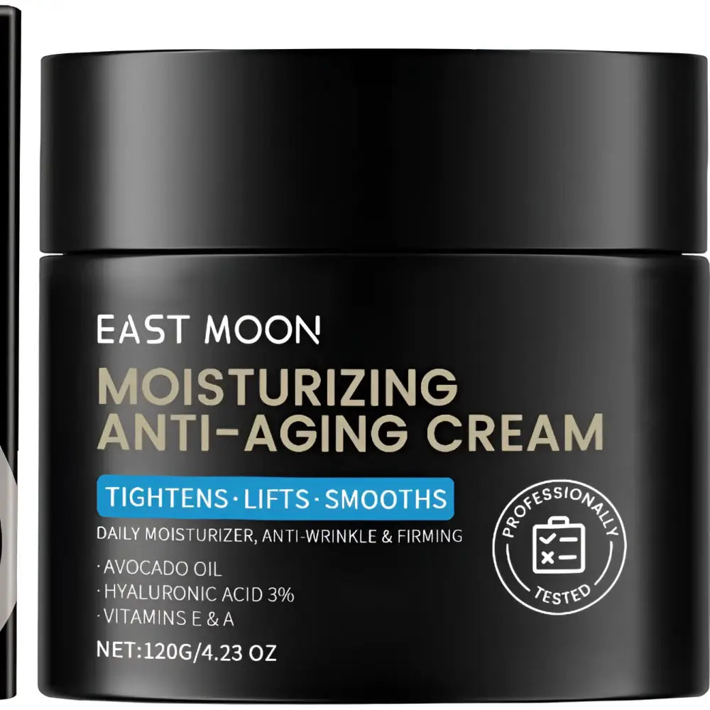 Black east moon moisturizing anti-aging cream with avocado oil and hyaluronic acid in sleek jar with pear design box
