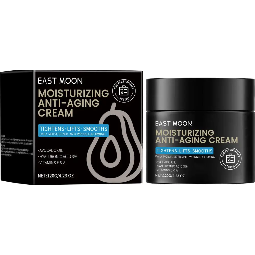 Black jar of east moon moisturizing anti-aging cream with gold lettering and avocado oil for skin hydration