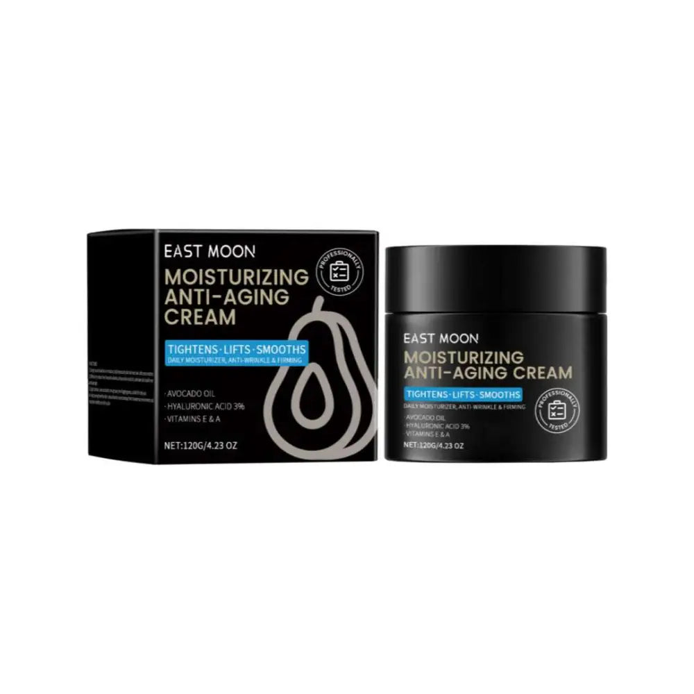 Black east moon moisturizing anti-aging cream with avocado oil and hyaluronic acid in sleek jar with pear design box
