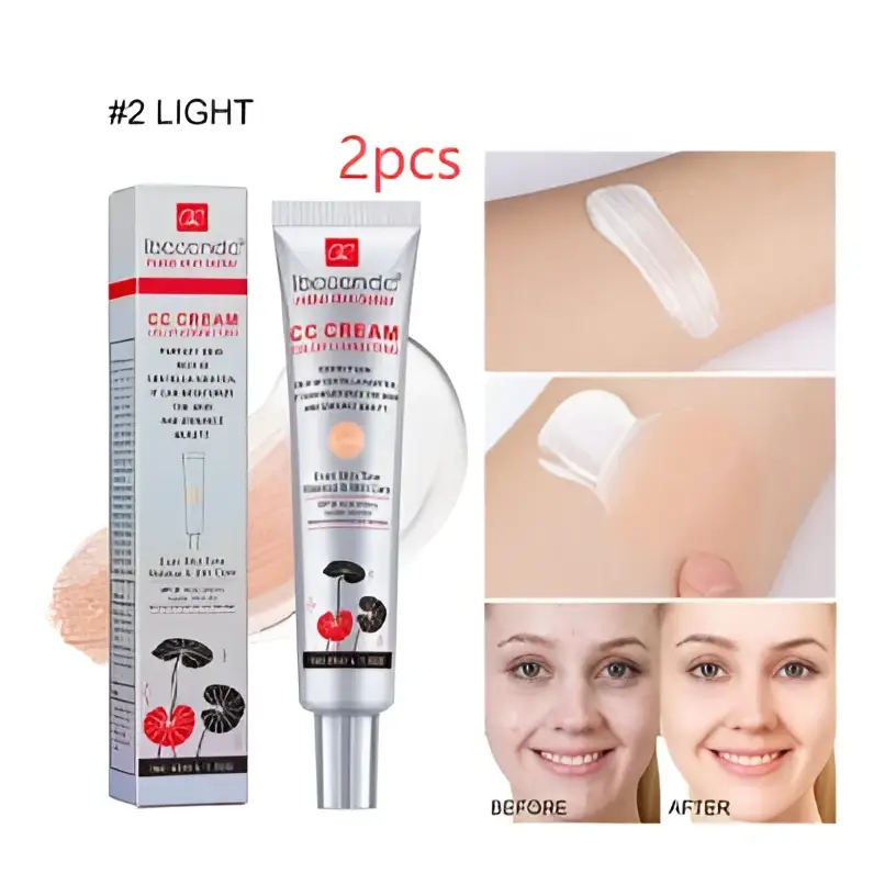 Silver tube of iboucanda moisturizing correcting cc cream labeled 2 light with cherry leaf design for natural radiance and centella asiatica