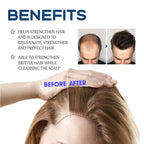 A hand gently massaging scalp with moisturizing hair care spray that strengthens and rejuvenates brittle hair for smooth hair