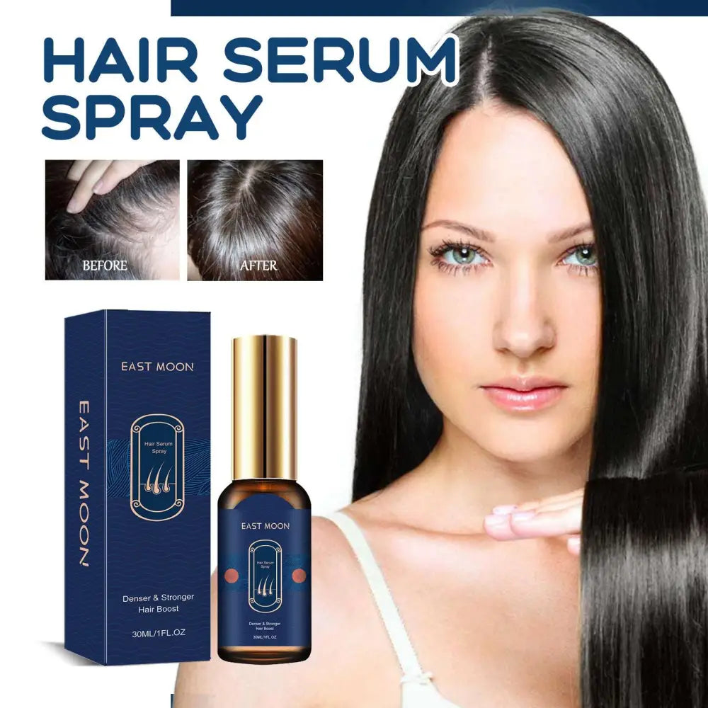 East moon moisturizing hair care spray in a sleek dark blue bottle with gold cap for smooth hair care spray moisturizes