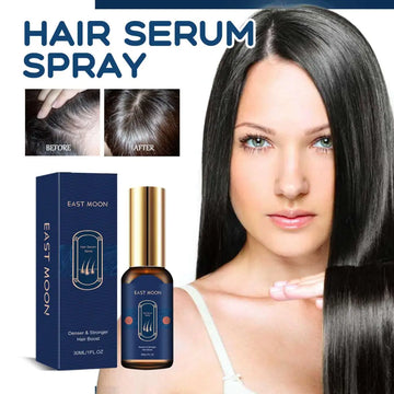 East moon moisturizing hair care spray in a sleek dark blue bottle with gold cap for smooth hair care spray moisturizes