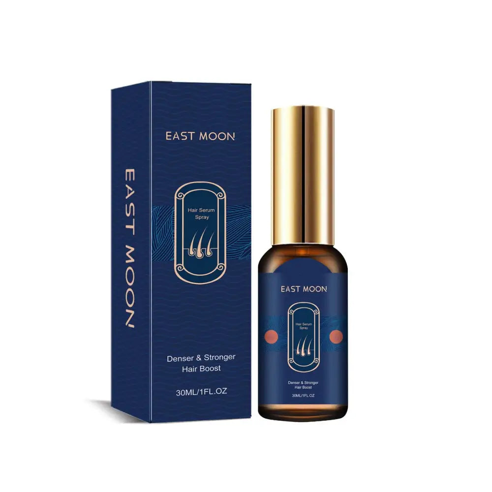 East moon moisturizing hair care spray in dark blue bottle with gold cap and white hair illustrations for smooth hair