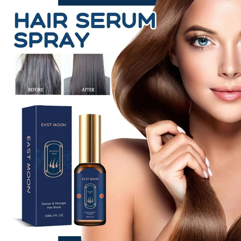 East moon moisturizing hair care spray in a sleek dark blue bottle with gold cap for smooth hair care spray moisturizes effectively