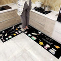 Black kitchen mat with colorful cartoon cooking utensils designed for mosaic tile kitchen floors, environmentally friendly