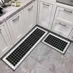Black and white mosaic tile kitchen floor mat with decorative border featuring environmentally friendly materials