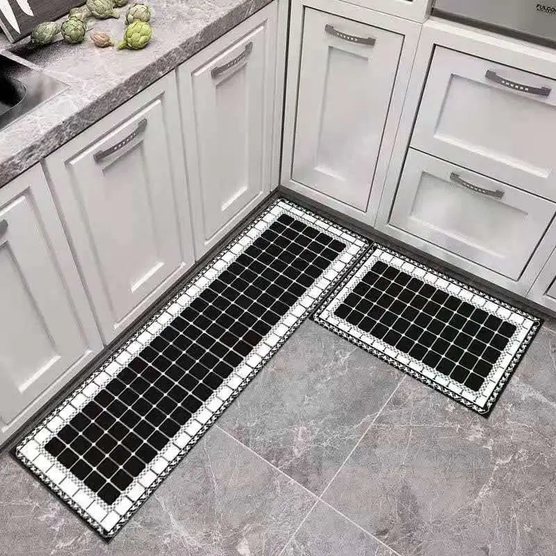 Black and white mosaic tile kitchen floor mat with decorative border featuring environmentally friendly materials