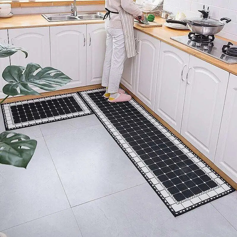 Black and white mosaic tile kitchen floor mat long with decorative border environmentally friendly design