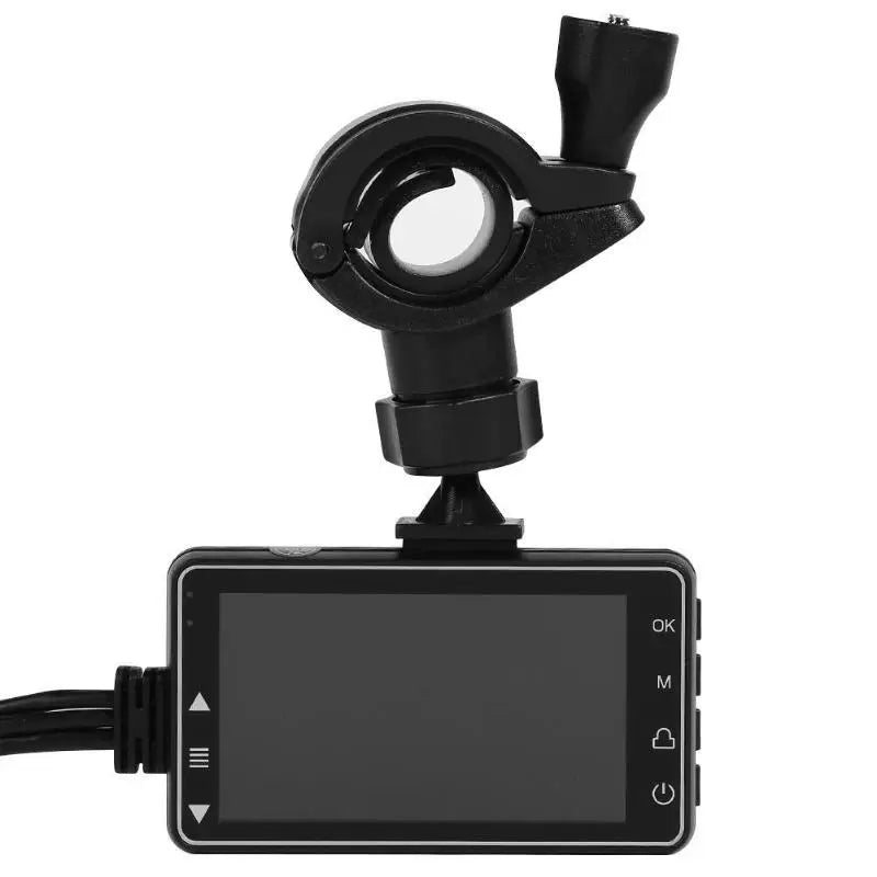 Black plastic motorcycle hd driving recorder with waterproof lens buttons and secure mounting bracket attached