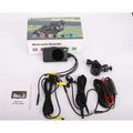 Black motorcycle hd driving recorder with textured surface, waterproof lens, secure mounting hardware, and wiring included
