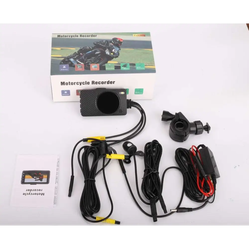 Black motorcycle hd driving recorder with textured surface, waterproof lens, secure mounting hardware, and wiring included