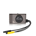 Gray rectangular motorcycle hd driving recorder with waterproof lens, silver emblem, and secure mounting cables including yellow connector