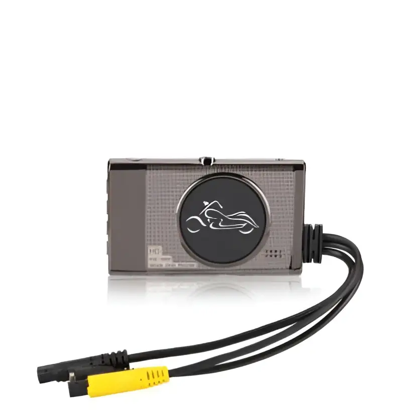 Gray rectangular motorcycle hd driving recorder with waterproof lens, silver emblem, and secure mounting cables including yellow connector