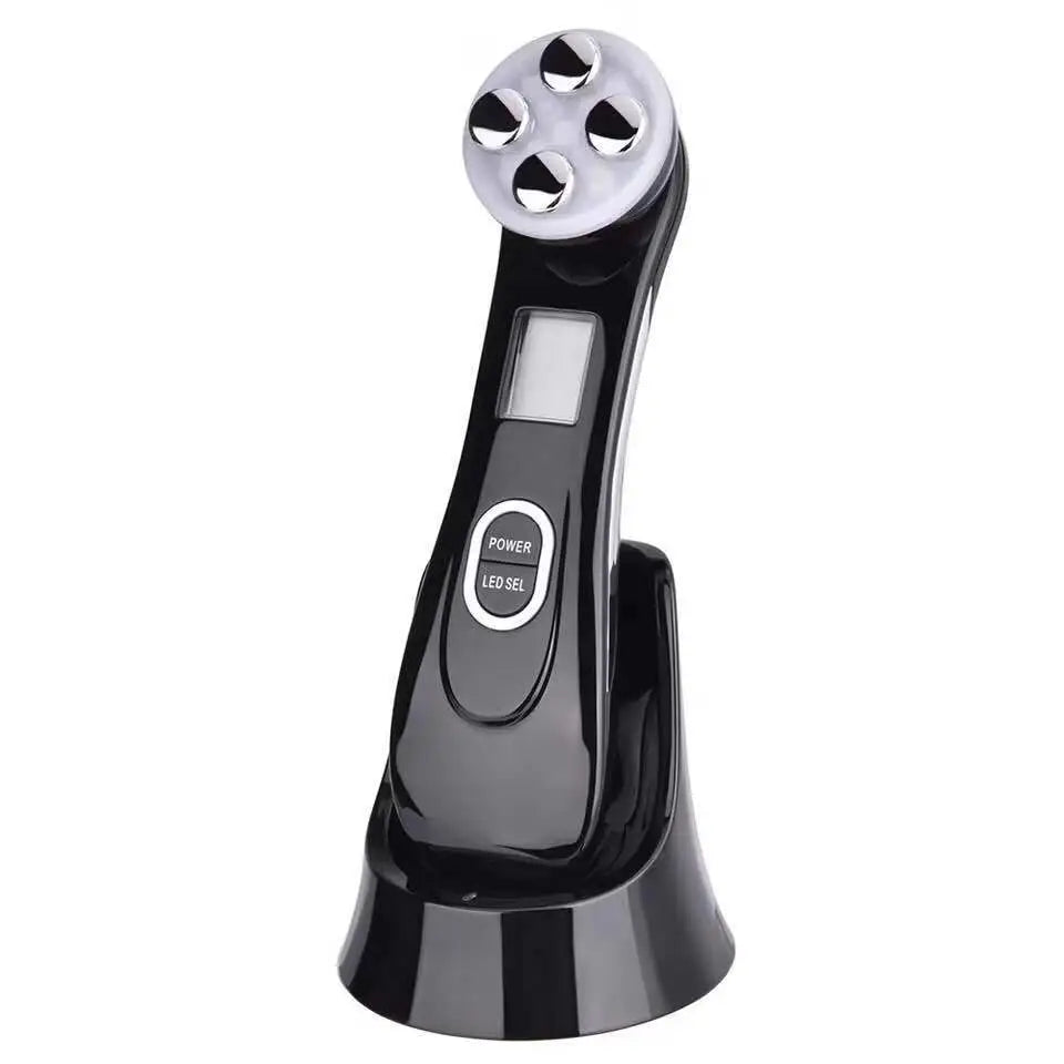 Black glossy mr201wq led photon skin rejuvenation beauty device with four silver-tipped treatment heads and digital display