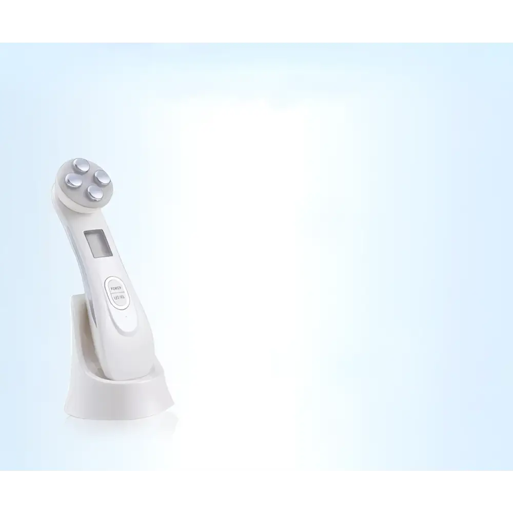 White handheld mr201wq led photon skin rejuvenation beauty device with silver circular head and digital display on handle