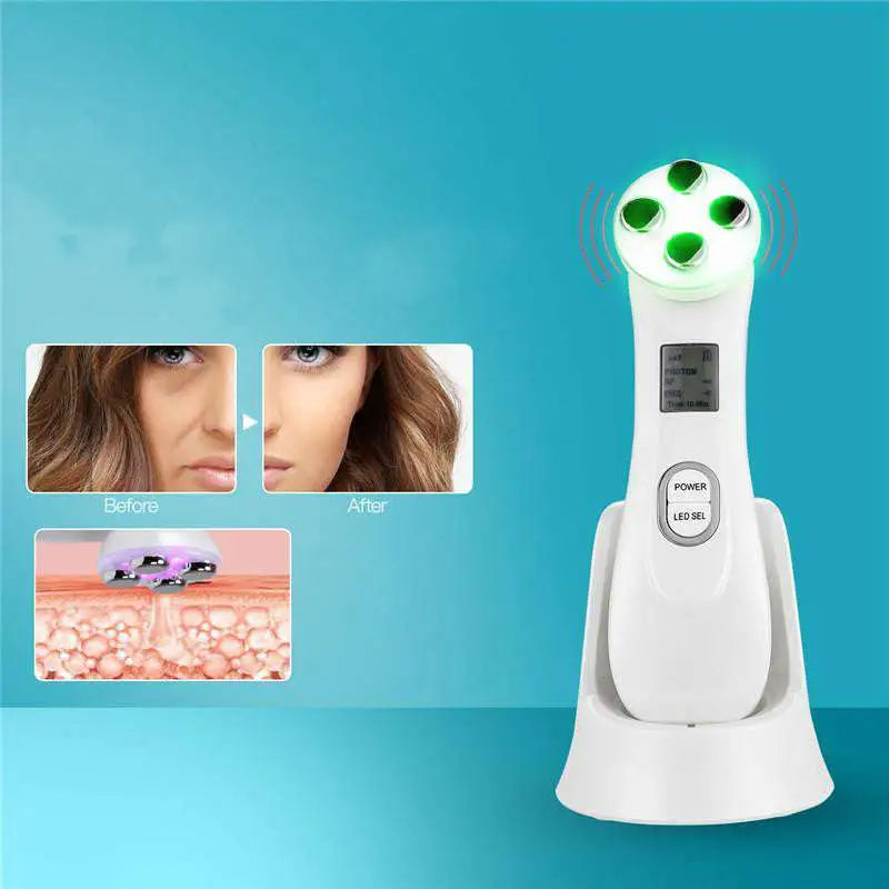 White handheld MR201WQ LED photon skin rejuvenation beauty device with four green LED lights and digital display panel