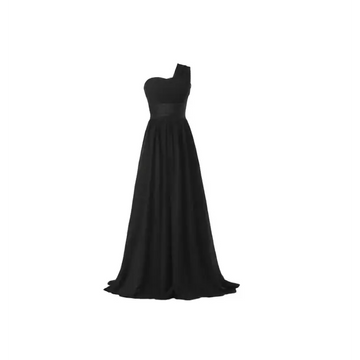 Black chiffon one-shoulder banquet evening dress with fitted bodice and flowing floor-length chiffon skirt