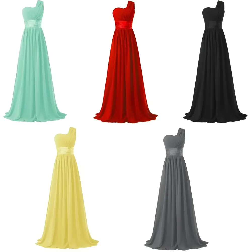 Six elegant pastel chiffon one-shoulder banquet evening dresses with satin sashes in blue pink purple burgundy navy and teal